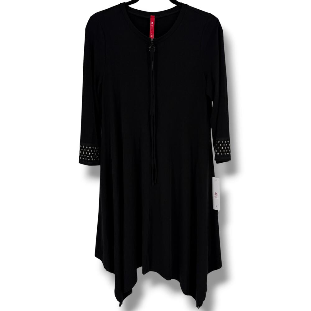 IC by Connie K Black Lagenlook Artsy Hanky Hem Dress Size Small Stud Cuff